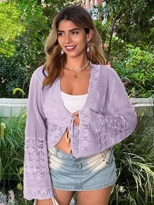 Vionelle Plus Size Solid Color Fashion Tie-Up Bow Shell Trim Cropped Shawl Crochet Mesh Beach Flare Sleeve Cardigan - Mauve Purple - View 4