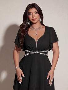 Viva Relle Plus Size Women's Black Summer Elegant Night Out Club Party Dress,Ruffle Short Sleeve Chiffon Mini Dress Embellished With Rhinestones And Pearls - Black - View 5