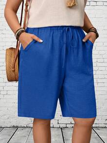 EMERY ROSE Pantalones cortos casuales de talla grande para mujer con bolsillos y cordón en la cintura - azul real - Ver 6