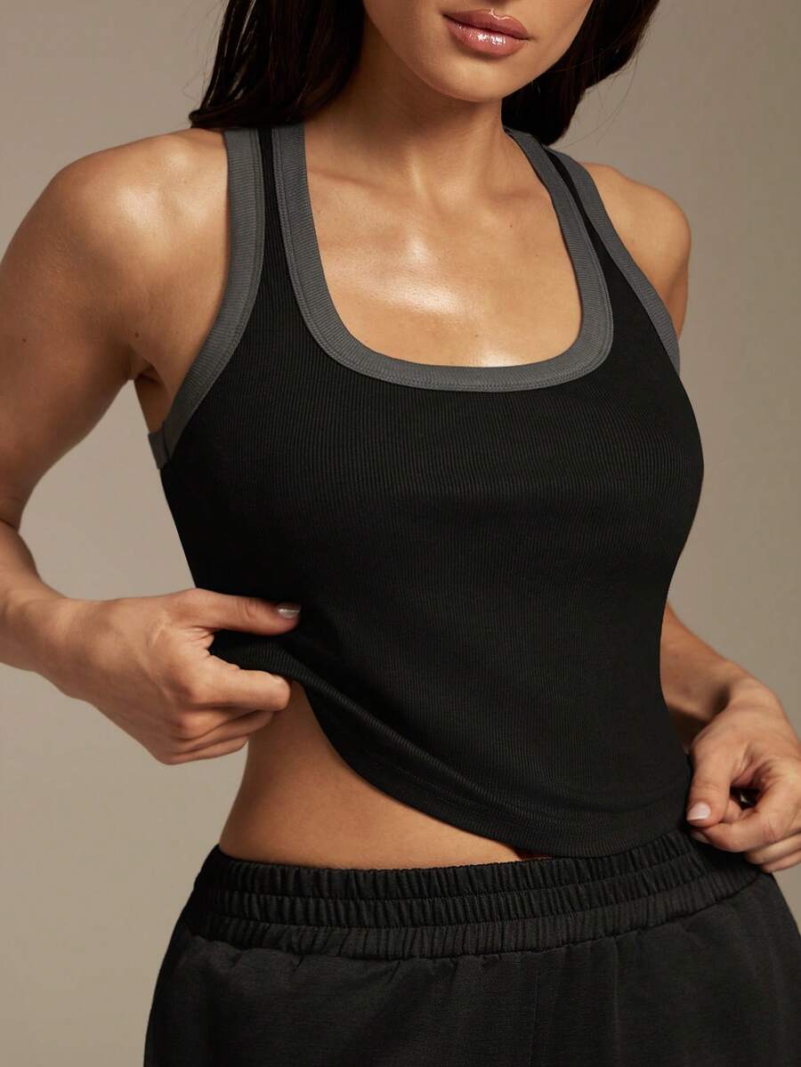 Silquee Áo tank top thể thao mùa hè ôm sát, cổ tròn, viền tương phản - màu đen - Xem 1