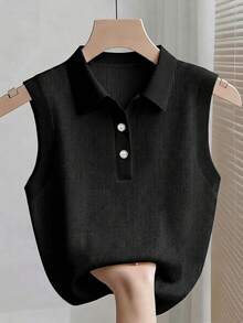 SHEIN 少女黑色罗纹针织 Polo 领无袖休闲简约优雅修身背心 - 黑色 - 查看 6