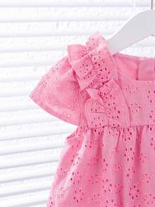 Vestido sin mangas de verano para bebé niña, de unicolor, con bordado, diseño calado y volantes en el bajo - Rosa coral - Ver 3