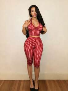 BamGleam Women's Sexy Polka Dot Print Backless Halter Top And Leggings 2 Pieces Set, Summer - Red - View 6