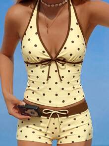Swim Mod Bộ tankini nữ phong cách lễ hội âm nhạc bãi biển mùa xuân/hè, in họa tiết chấm bi, thắt nơ, cổ yếm, cổ chữ V, dễ thương, năng động, thích hợp cho kỳ nghỉ. - Nhiều màu - Xem 7