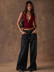 SHEIN BAE Áo nữ cổ yếm màu trơn, gợi cảm, đa năng, thích hợp mặc thường ngày. - Màu Đỏ Sâu - Xem 3