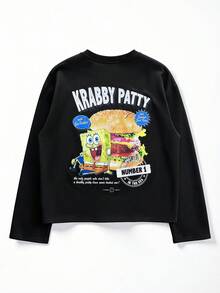 SpongeBob SquarePants | SHEIN Manfinity Hypemode 男士圆领黑色长袖休闲舒适卡通印花T恤，夏季 - 黑色 - 查看 1
