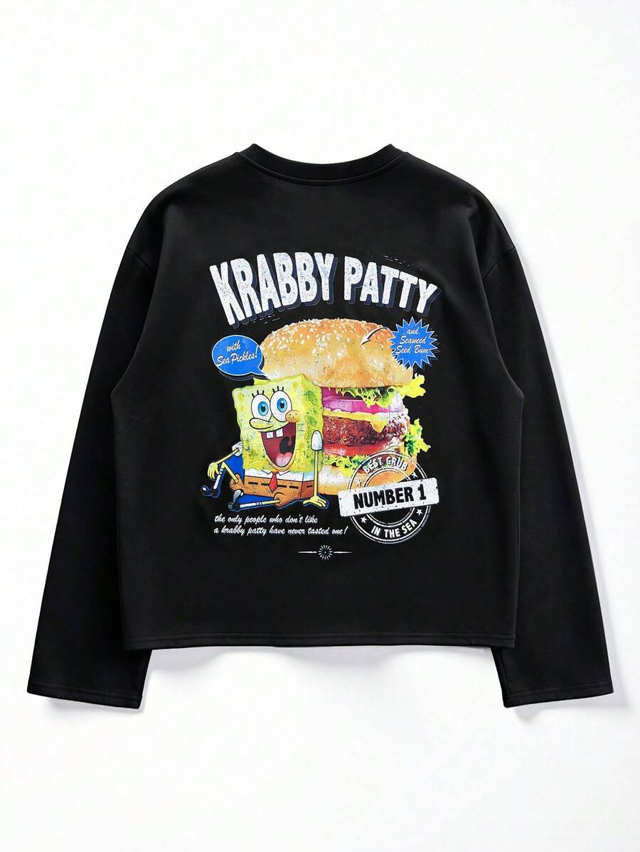 SpongeBob SquarePants | SHEIN Manfinity Hypemode 男士圆领黑色长袖休闲舒适卡通印花T恤,夏季 - 黑色 - 查看 1