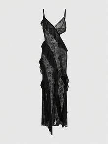 ROMWE Goth Style Women's Long Lace Knit Sheer Hollow-Out Sexy Dress - Black - View 1
