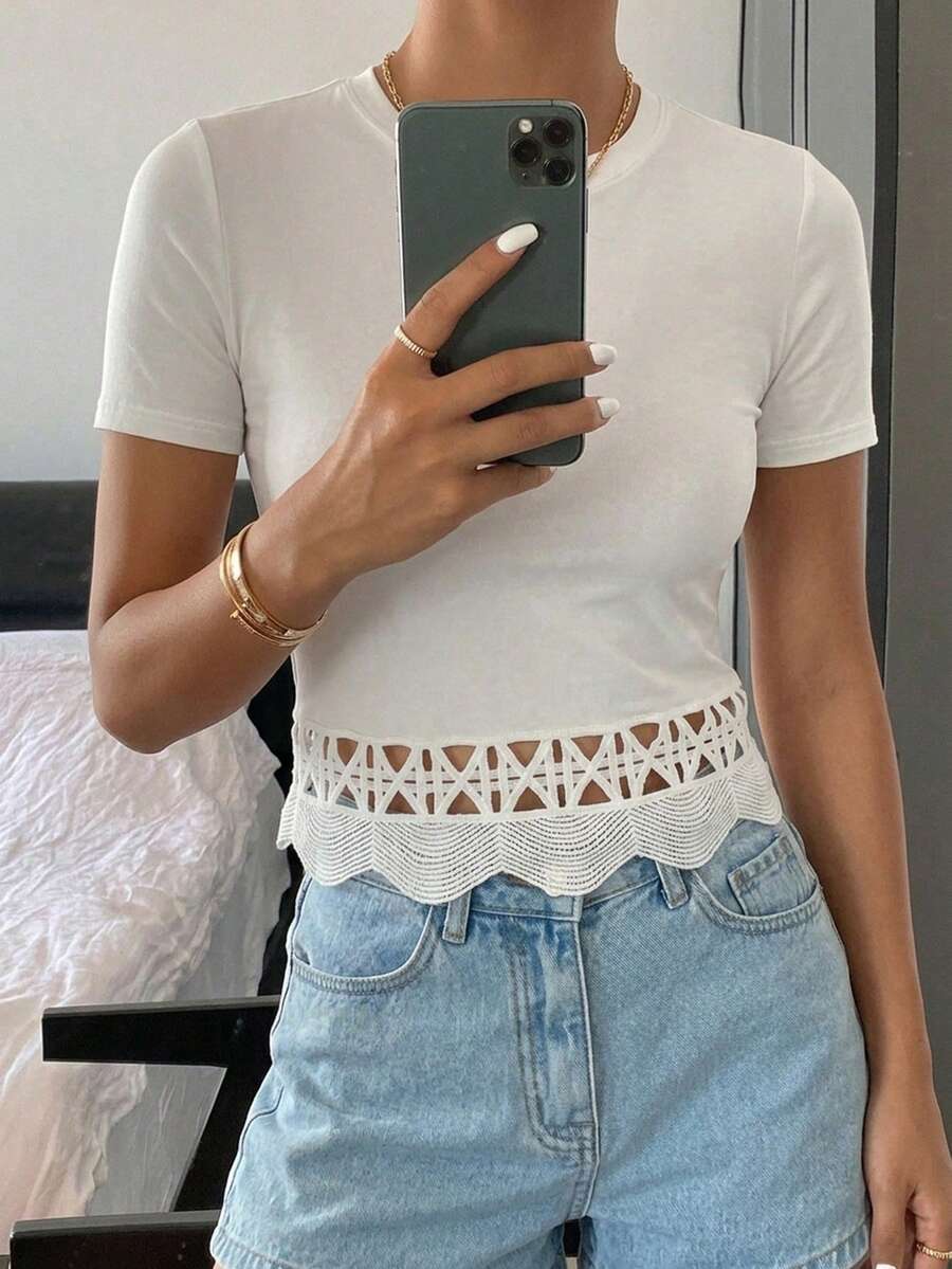 Livesso Women's Solid Color Crew Neck Short Sleeve Lace Patchwork Casual Summer Top School - White - View 1