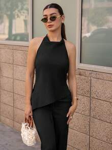 Andrea Bello 復古亞麻風裹身上衣與長褲通勤套裝，女款黑色工作穿搭 - 黑色 - 查看 4