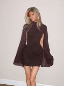 Sydney Algeri Mini Bodycon Dress With Stand Collar Cape, Solid Color Elegant - Brown - View 6