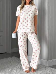 SHEIN Conjunto de pijama con estampado de besos en toda la prenda y pantalón de pierna ancha - Blanco - Ver 9