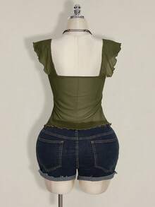 SHEIN ICON Plus Size Women Ruched Front Fitted Sexy Mesh Splice Flutter Sleeve Backless Casual Vacation Cropped Tank Top, Autumn, Back To School - Olive Green - View 2