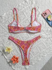 Swim Mod Springbreak 女款兩件式泳裝，隨機碎花圖案，掛脖式肩帶，性感時尚海灘比基尼套裝 - 彩色 - 查看 2
