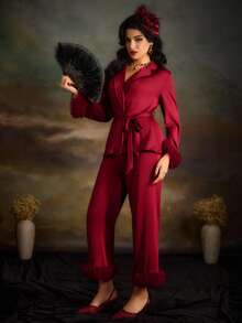 PinupPomp Fuzzy Trim Belted Satin PJ Set - Burgundy - View 6