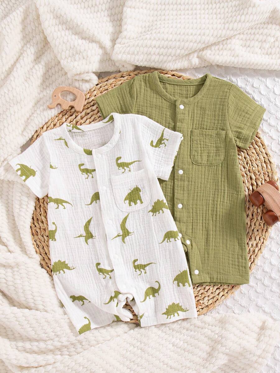 SHEIN 2 bộ romper ngắn tay cho trẻ sơ sinh 0-9M, màu trơn xanh và trắng, phong cách thường ngày mùa hè, chất liệu cotton crepe mềm, quần áo gia đình đồng bộ, quà tặng cho trẻ nhỏ - Nhiều màu - Xem 1