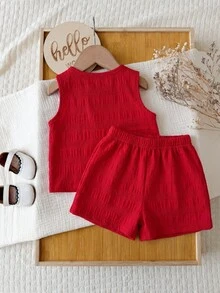 Babygirl Cute Summer Pink Striped Bow Decor Camisole & Elastic Waist Shorts Set - Red - View 2