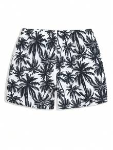 Manfinity Swimmode 男士椰子樹印花抽繩沙灘短褲，白色，夏季休閒熱帶度假泳褲，適合泳池派對、度假、夏威夷風洗浴 - 黑與白 - 查看 4