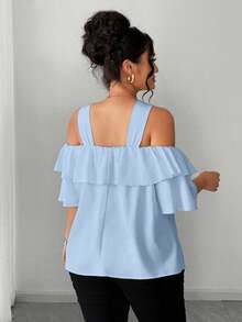 Elenzga Plus Size Women Solid Color Elegant Off-Shoulder Hollow Metal Decor Ruffle Trim Blouse - Blue - View 2