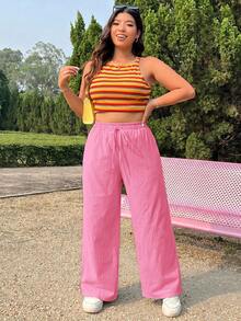Comfortcana Pantalones anchos casuales de verano para mujer talla grande, de unicolor con cordón en la cintura - Rosa Fucsia - Ver 7