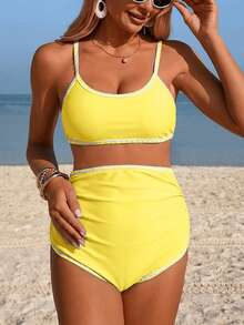 SHEIN Conjunto de bikini de maternidad casual de bloques de color para vacaciones de verano en la playa - Amarillo - Ver 5