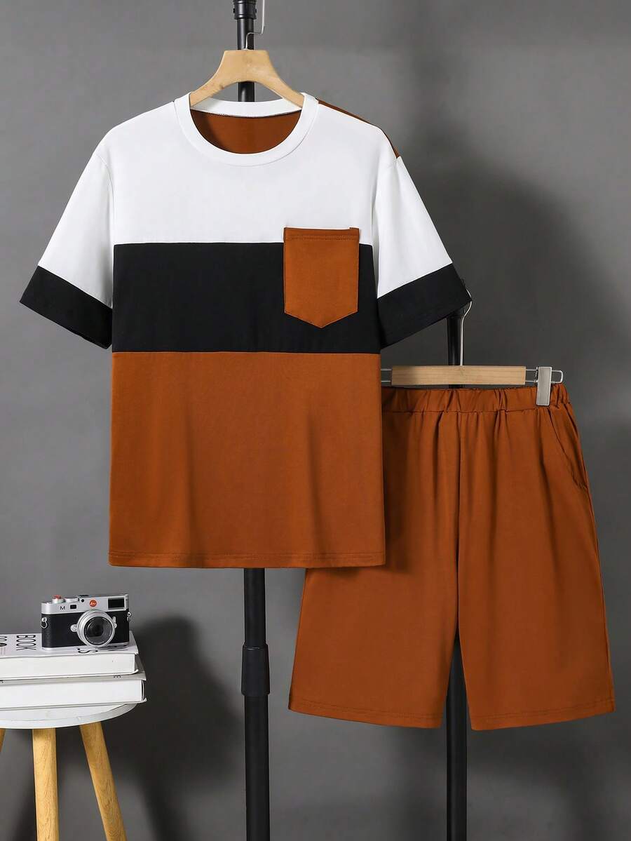 SHEIN 2pcs/Set Teenage Boys' Summer Colorblock Letter Splice Round Neck Short Sleeve T-Shirt And Outdoor Casual Fashion 3D Letter Sports Shorts - Black - View 1