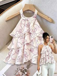 Qadelle Summer Romantic Vacation Casual Shell Colorful Linear Pattern Print Asymmetrical Ruffle Halter Backless Tank Top For Women - Multicolor - View 3