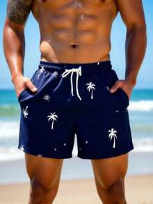 Manfinity KASUA Men's Casual Coconut Tree Print Pocket Drawstring Waist Beach Shorts, Holiday - Navy Blue - View 4