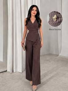 Modelyn 女款春秋條紋棕色可追溯棉質金屬扣背心裹身式優雅專業知性風度假穿搭兩件組 - 棕色 - 查看 1