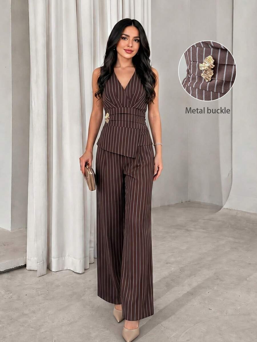 Modelyn 女款春秋條紋棕色可追溯棉質金屬扣背心裹身式優雅專業知性風度假穿搭兩件組 - 棕色 - 查看 1