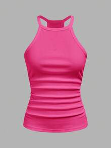 Slaydiva Tank Top Wanita Warna Pink Terang dengan Kerah Bulat Bergaris dan Model Racer Back, Cocok untuk Musim Panas, Kasual, Seksi, Cocok untuk Acara Malam Hari, Dasar, Polos, Serbaguna, Model Off-Shoulder, Yoga, Olahraga, dan Pantai. - Hot Pink - View 3