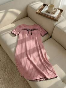 Resyla 女式方领撞色蝴蝶结系带休闲连衣裙 - 藕粉色 - 查看 1