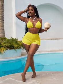 Slaydiva 2pcs Swimwear Set, Tie Strap Triangle Bikini Top And Shorts, Fashion Beach Swimwear - Yellow - View 5