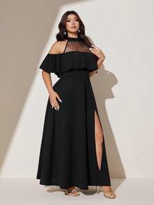 Viva Relle Plus Size Sexy Black Round Neck Halter Backless Sequin Mesh Patchwork Waist Dress For Women - Black - View 5