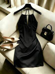SHEIN Franclia Women's Solid Color Spaghetti Strap Pleated Summer Dress - Black - View 2