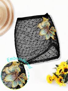 SHEIN Swim Summer New Embroidery 3D Floral Pleated Drawstring Tie Sexy Black Bodycon Skirt Cover-Up, Women's Elegant Skirt, Women's Easter Skirt, Women's Black Skirt, Women's Casual Skirt, Women's Vacation Skirt, Women's Country Skirt, Women's Floral Skirt, Women's Holiday Skirt, Women's Sexy Skirt, Suitable For Summer Beach Vacation Outfit, Party Outfit, Music Festival Outfit, Pool, Club, Nightclub, Gathering, Street - Black - View 3