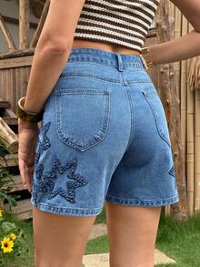 Breezaya Quần short denim bó sát thời trang rách rưới, thêu hình ngôi sao dành cho nữ. - Màu xanh lam - Xem 2