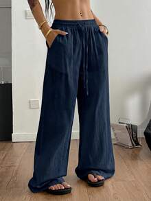 SHEIN Tall CURVE Plus Size Women's Solid Color Drawstring Waist Loose Casual Pants - Navy Blue - View 3