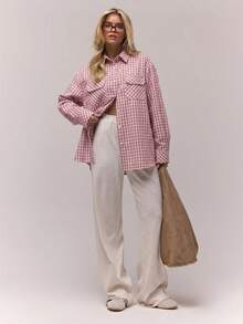 MUSERA Oversized Checkered Front Pocket Button Down Shirt Old Money Cute Country Cottage Core Clean Girl Casual Spring Summer Holiday - Pink - View 4