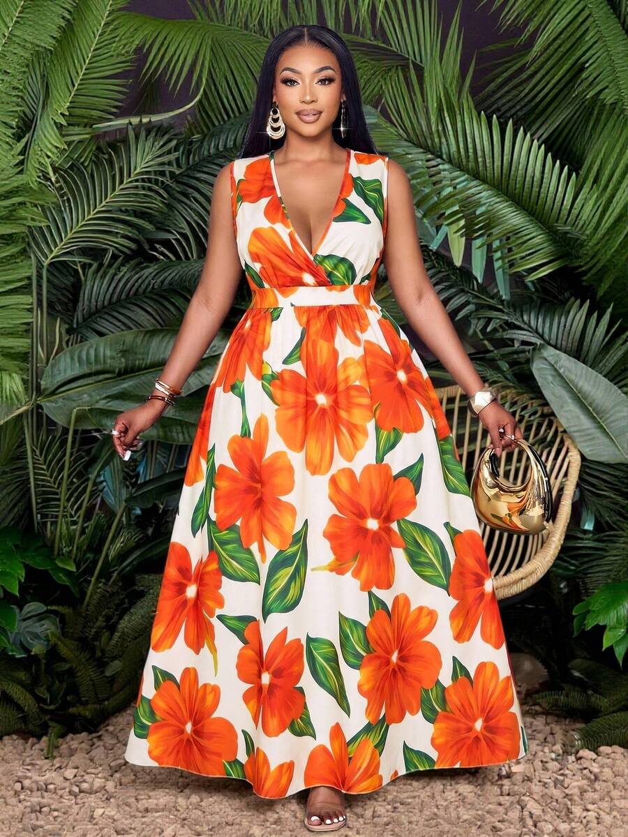SOLERSUN Women's Plus Size Simple Everyday All Over Print Deep-V Neck Sleeveless Long Dress (Random Printing) - Coral Orange - View 1
