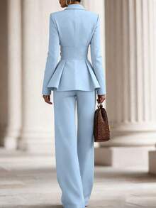 SHEIN Women's Solid Color Knotted Waist Long Sleeve Jacket And Pants Casual Suit, Suitable For Commuting And Daily Wear - Blue - View 2