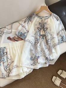 Franclia Women's Casual Fashion Plant Print Shirt And Loose Shorts Set - Multicolor - View 3