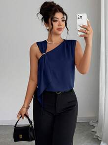 SHEIN Clasi 不對稱綁帶金屬扣女款襯衫，休閒優雅日常穿著，春夏正式約會穿搭，海軍藍 - 藏蓝色 - 查看 3