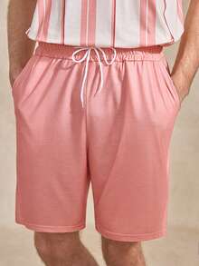 Conjunto de camiseta de manga corta con estampado de letras y rayas rosa & blanco y pantalones cortos con cintura de cordón y bolsillos para tu novio tenista - Rosa - Ver 6