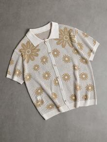 VENTUSAIL Men's Floral Pattern Short Sleeve Single-Breasted Hollow-Out Knit Top, Holiday - Apricot - View 4