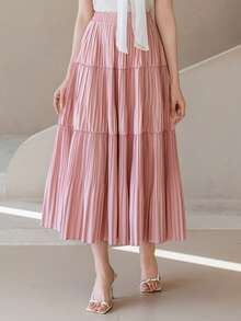 DAZY Chân váy xòe xếp ly cạp cao bằng vải chiffon màu tím dành cho nữ, kiểu dáng đa năng cho mùa xuân và mùa hè. - Hồng - Xem 4