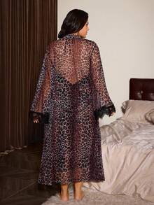 Slumberist Sexy Spaghetti Strap Leopard Print Mesh Lace Trim Slit Maxi Robe, Plus Size - Multicolor - View 3