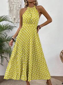 EMERY ROSE Gaun Maxi Tanpa Lengan Motif Polkadot untuk Wanita, Cocok untuk Liburan di Pantai. - Kuning - View 4