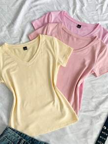 SHEIN EZwear 3件組女款夏季V領修身T恤，龐克次文化動漫純色基本款V領短袖修身T恤 - 彩色 - 查看 4