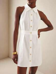 Vesra Women's Summer White Sleeveless Collared Waist Tie Dress - White - View 4